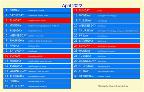 April 2022 Roman Catholic Saints Calendar