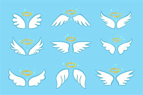 Cute Angel Wings Holy Angelic Wing With Gold Nimbus Flat Cartoon