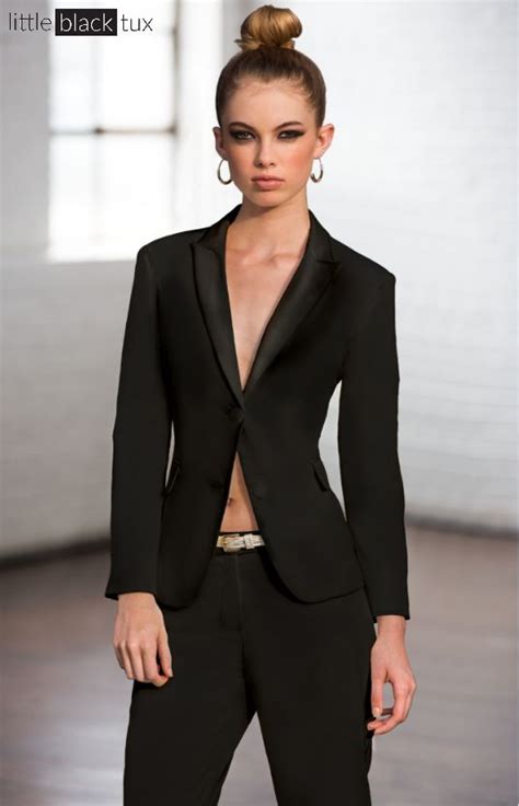 Womens Black Tuxedo Ladytux Peak Lapel Slim Fit Belt Loops Satin Lapel Female Tuxedo