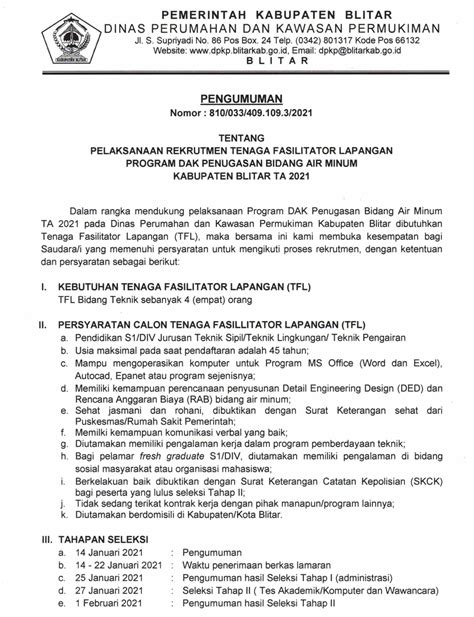 Rekrutmen Dinas Perumahan Dan Kawasan Permukiman Kabupaten Blitar