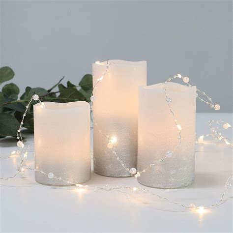 Silver Battery Operated Candles With White Pearl Fairy Lights