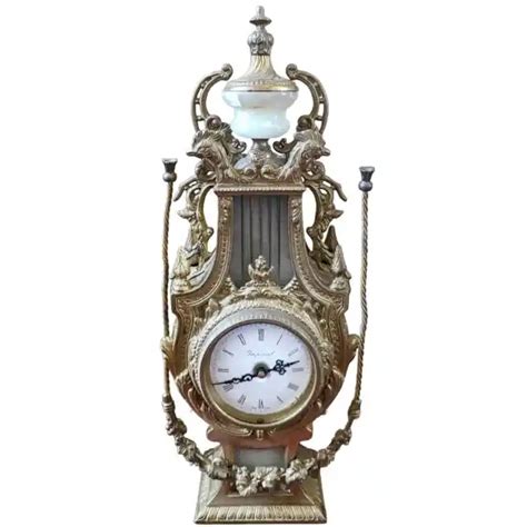 Vintage Imperial Ornate Alabaster Brass Mantle Clock Italian Bronze