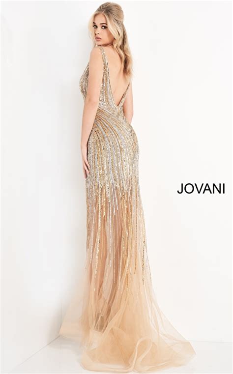 Jovani Nude Embellished V Neck Prom Dress