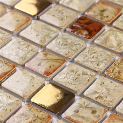 Glazed Porcelain Square Mosaic Tiles Designs Gold Plated Ceramic Wall