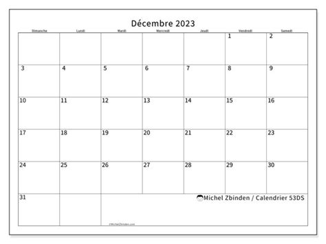 Calendrier décembre 2023 à imprimer 53DS Michel Zbinden FR