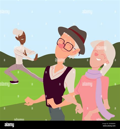 Seniors Active Happy Old Woman Practicing Yoga And Old Couple Walking