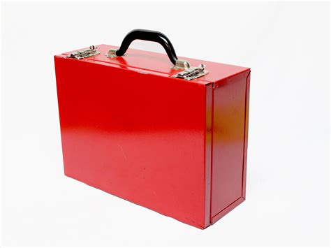 Retro Red Metal Storage Box Carrying Case With Plastic Handle And Metal