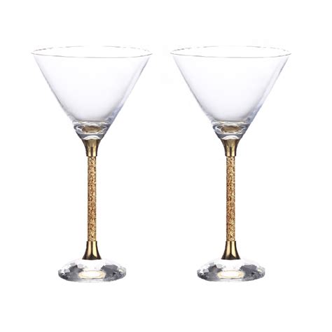 Pair Of 24ct Gold Leaf Stem Crystal Cocktail Glasses