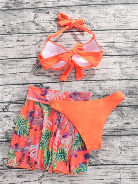 shein swim vcay tropical print bikini set underwire halter push up bra and hipster bottom and beach