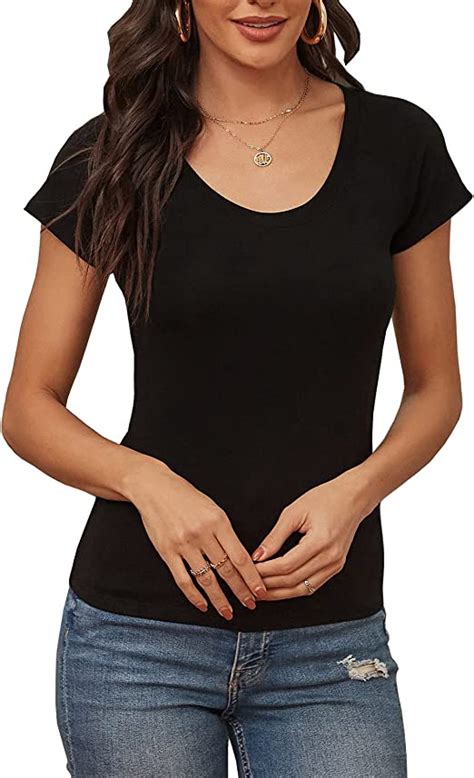 Womens Scoop Neck Slim Fitted Short Sleeve T Shirt Stretchy Plain