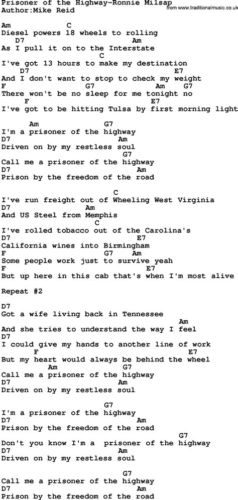 Country Music Prisoner Of The Highway Ronnie Milsap Lyrics And Chords