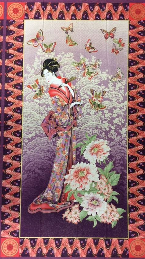 Geisha Wood Block Print Japanese Elegant Kimono Panel Cotton Quilting