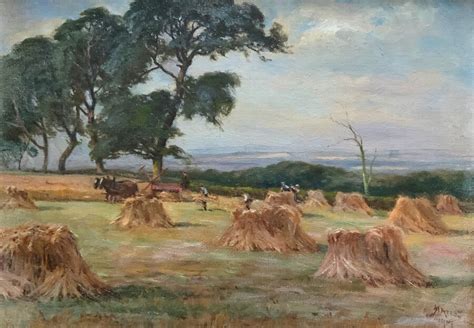 Antique Original Early 1900s Edwardian Country Harvesting Landscape Oil