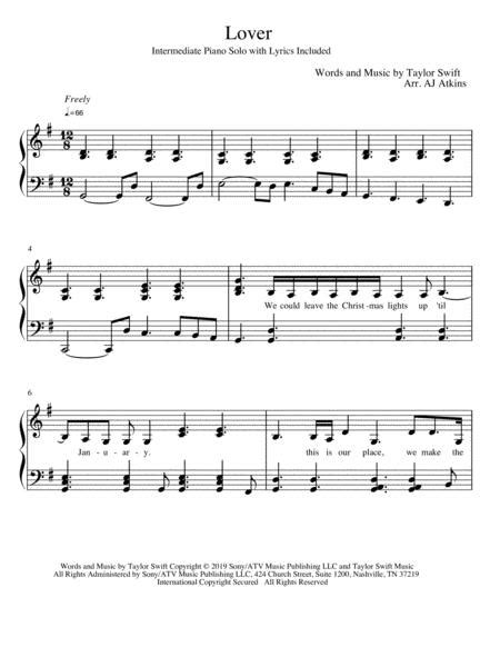 Lover By Taylor Swift Intermediate Piano Solo With Lyrics Sheet Music