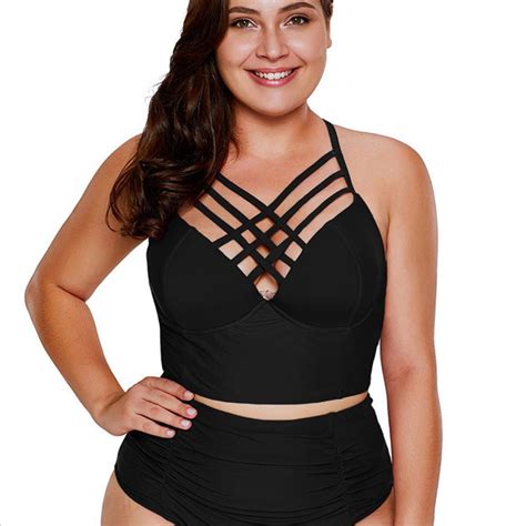 Solid Bandage Bikini Plus Size Push Up Swimsuit Women High Waist Bikini