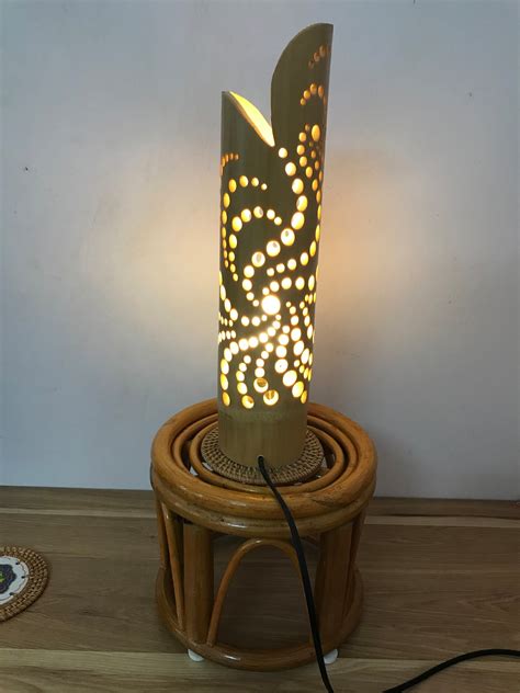 Unique Handmade Bamboo Wicker Lamp With Wooden Base Boho Etsy