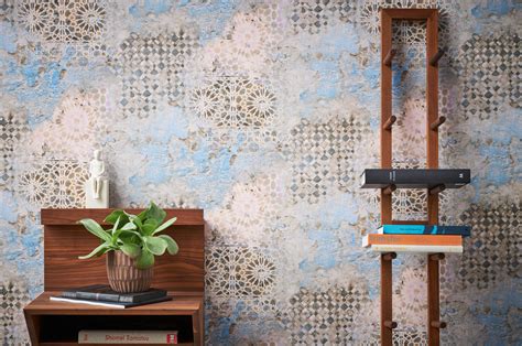 Distressed Textured Tile Patten Blue Wallpaper Metropolitan Stories
