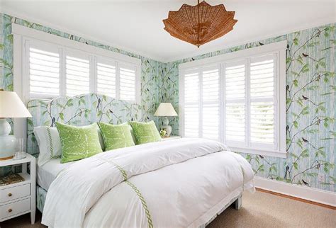 Blue And Green Bedroom With Wicker Flush Mount Light Transitional