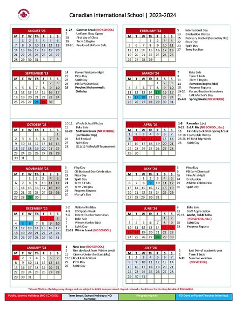 School Calendar Canadian International School