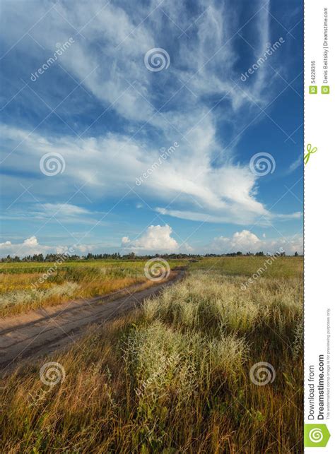Beautiful Sunset Summer Landscape With Blue Sky Clouds Road Stock