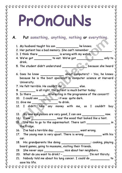 The Pronouns Worksheet Is Shown In Purple And Black With White Writing