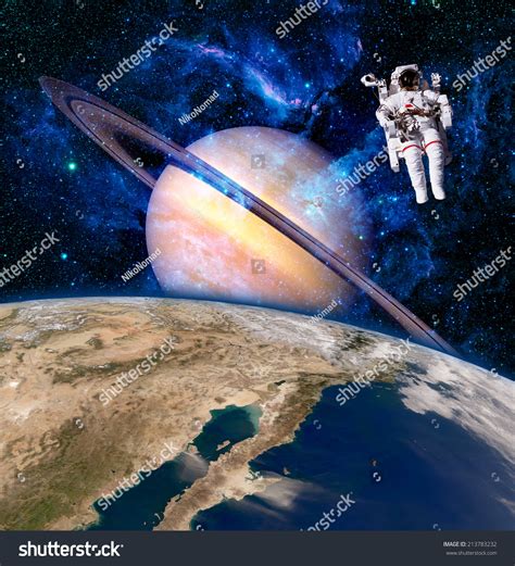 Space Astronaut Spaceman Saturn Planet Surreal Background Elements Of