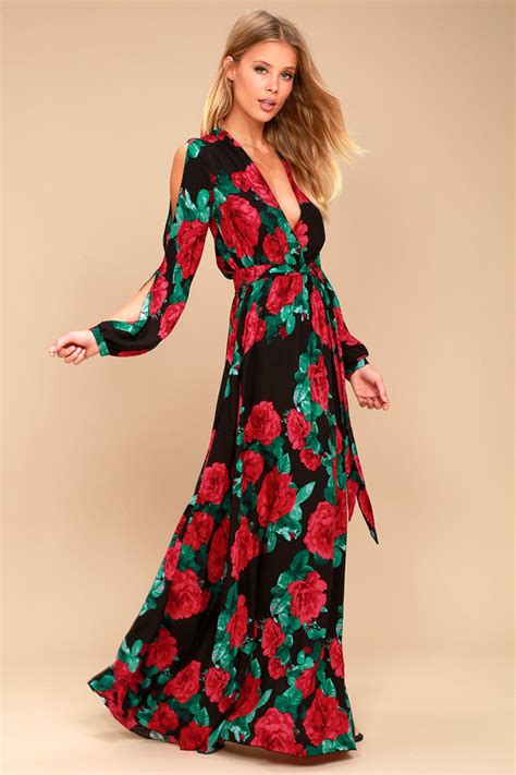 Strike A Rose Black Floral Print Long Sleeve Maxi Dress Maxi Dress