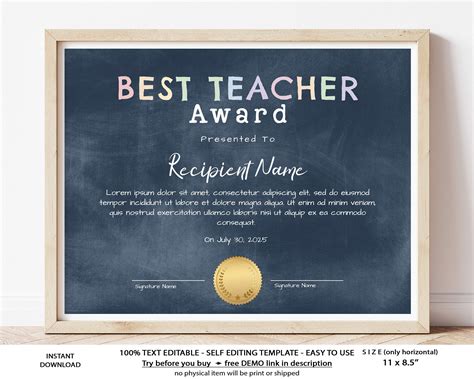 Editable Best Teacher Certificate Template Teacher Etsy