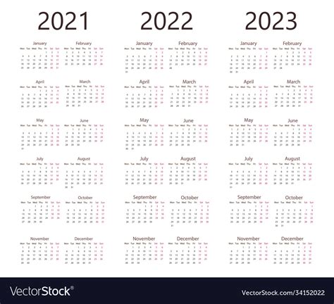 2021 2022 2023 Calendar Week Monday Royalty Free Vector