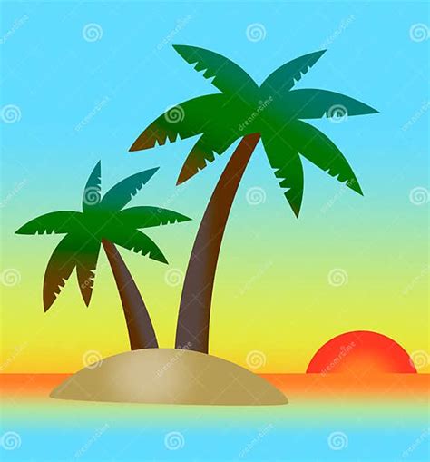 Simple Stylised Colorful Sunset Landscape With Tropical Island Palm