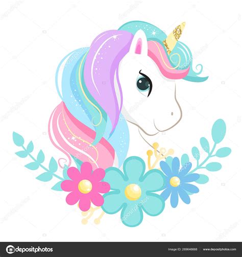 Cute Magic Cartoon Unicorn Head With Flowers Illustration