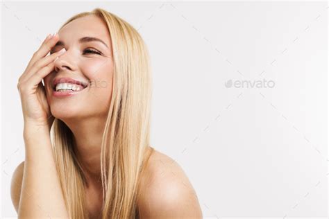 Half Naked Blonde Woman Laughing And Covering Her Face Stock Photo By