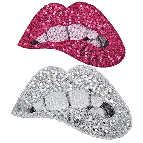 1pcs Sexy Pink Sliver Metallic Lips Sequin Patch Iron On Fabric Sticker