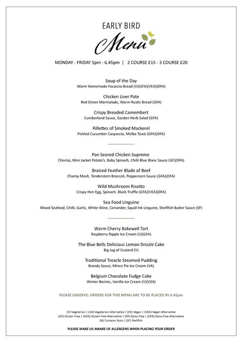 Early Bird Menu The Blue Bell At Arkendale