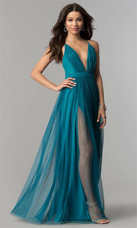 Shop the best women's dresses online. Long Tulle Prom Dress with Low V-Neck - PromGirl