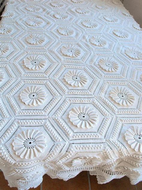 Vintage French Hand Crocheted Bed Coverlet With Sunflower Pattern