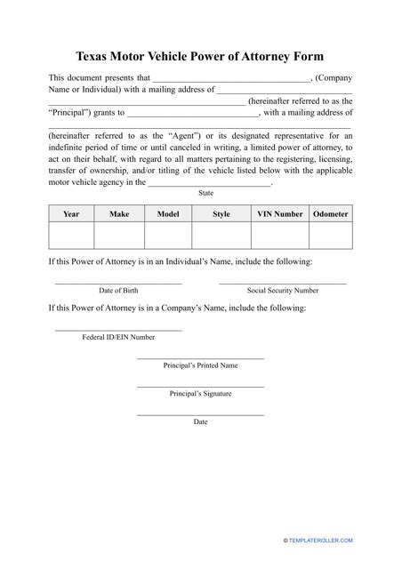 Texas Motor Vehicle Power Of Attorney Form Fill Out Sign Online And