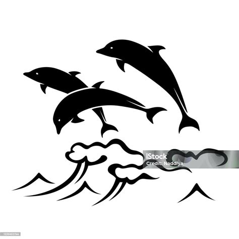 Three Dolphins Jumping Out Of The Ocean Waves Vector Black Silhouette