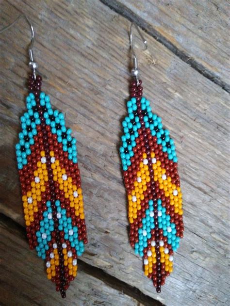 Feather Seed Bead Earringsnative American Style Beaded Etsy In