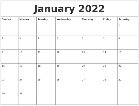 January 2022 Print Monthly Calendar