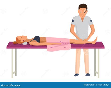 Massage Therapist At Work Patient Lying On Couch Enjoying Body Relaxing Treatment Stock Vector