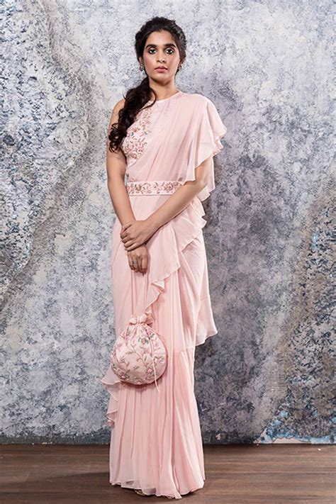 buy nayantaara pink ruffle saree with embroidered silk blouse online aza fashions