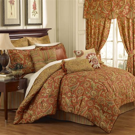 Waverly imperial dress porcelain bedding collection features a traditional yet modern jacobean floral comforter set in shades of blue, yellow and green on a neutral creme ground. Waverly Grand Bazaar Comforter Set at Hayneedle