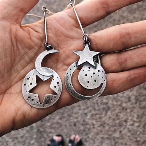 Moon And Stars Silver Sterling Dangle Earrings Asymmetrical Earrings Celestial Jewelry One