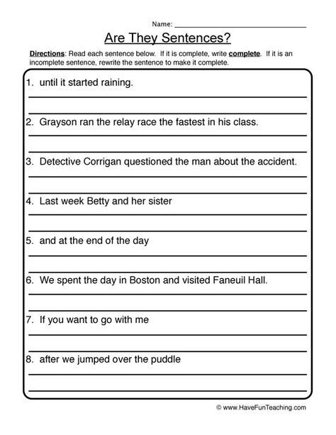 Complete Sentences First Grade