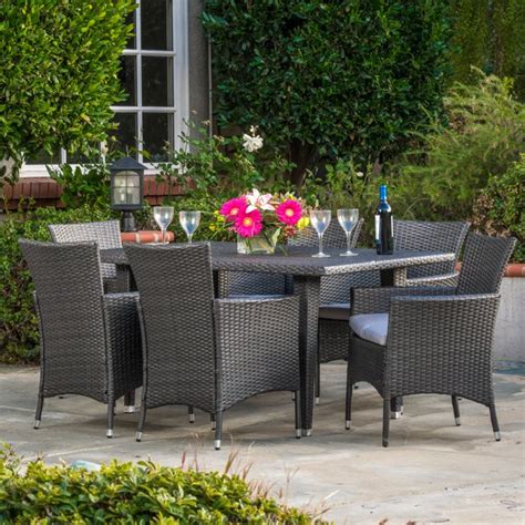 Ahulua Outdoor 7 Piece Wicker Dining Set With Cushions Grey Silver