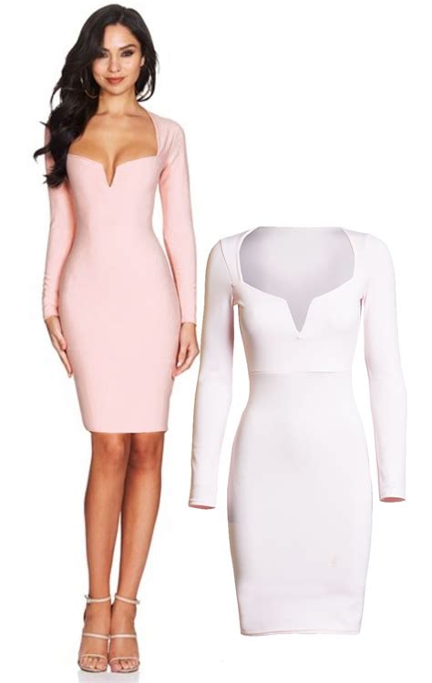 Pale Pink Celeb Inspired Plunge Neck Long Sleeved Body Con Dress