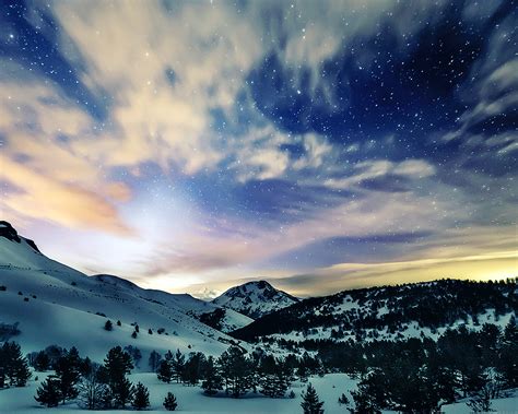 Mk79 Aurora Star Sky Snow Night Mountain Winter Nature Wallpaper
