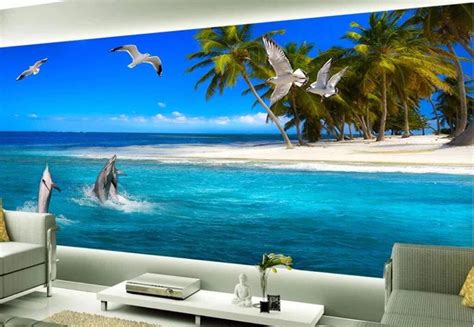 3d Ocean Beach Jumping Dolphins Wallpaper Mural For Home