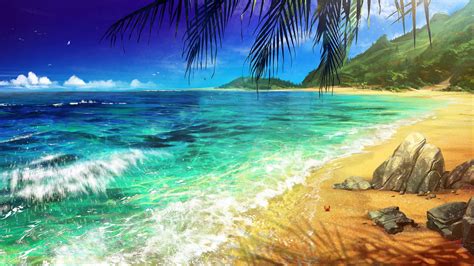 Download Wallpaper 1600x900 Beach Palm Ocean Art Surf